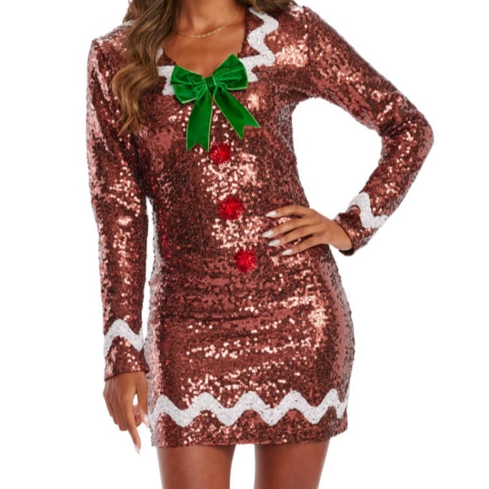 Tipsy Elves Sequin Copper Dress with Green Bow